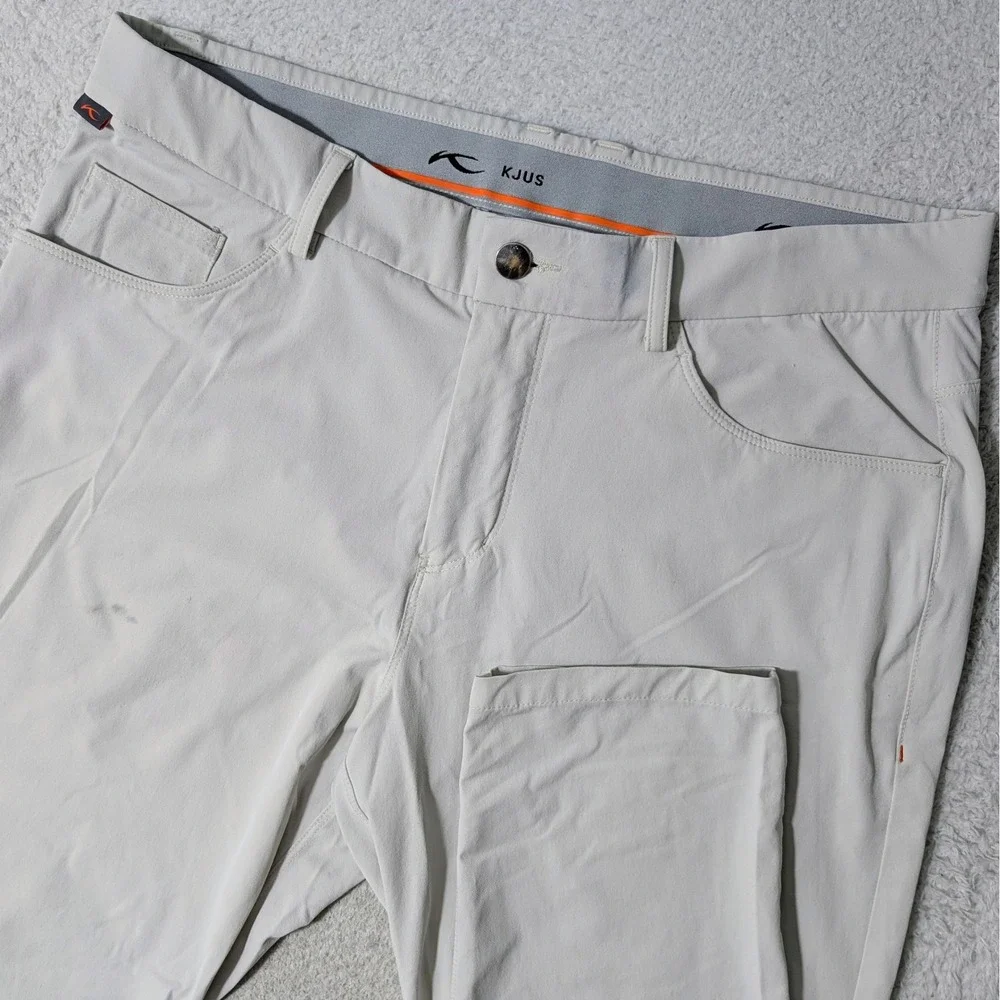 KJUS Iver 5-Pocket Pants Mens 33/32 Beige Stretch Tailored Fit Golf Trousers